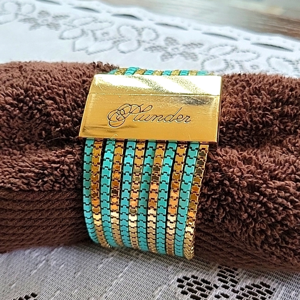 Plunder Gold and Turquoise Tone 12 Strand Magnetic Closure Bracelet